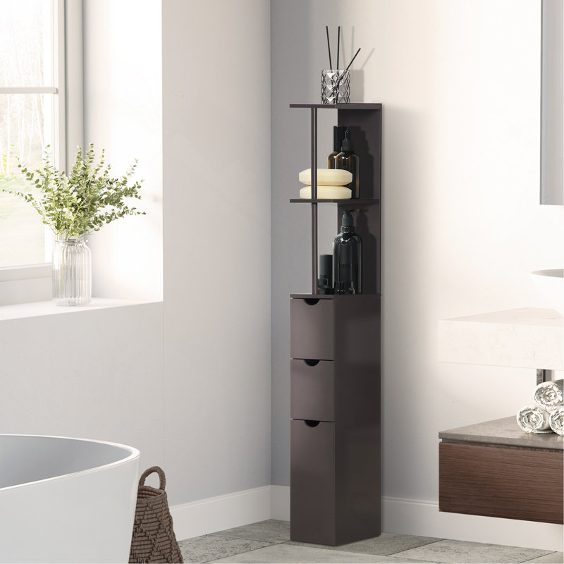 54" Tall Bathroom Storage Cabinet, Freestanding Linen Tower With 2-Tier Shelf And Drawers, Narrow Side Floor Organizer, Brown