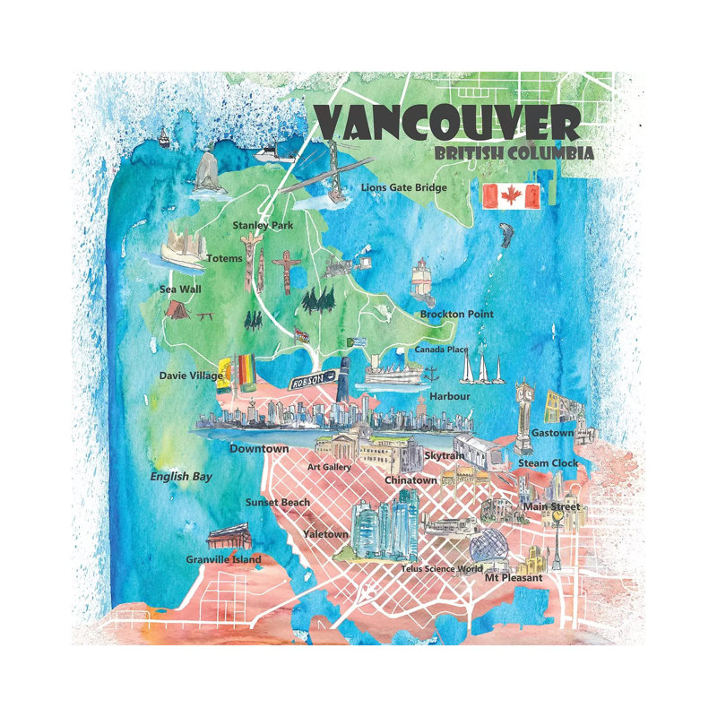 Vancouver British Columbia Canada Illustrated Map by Markus & Martina Bleichner - Wrapped Canvas Print