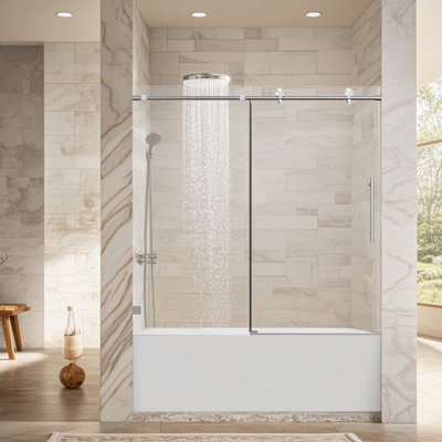 56-60" W x 60" H Frameless Single Sliding Shower Door, 5/16" Tempered Glass, Brushed Nickel, Soft-Close