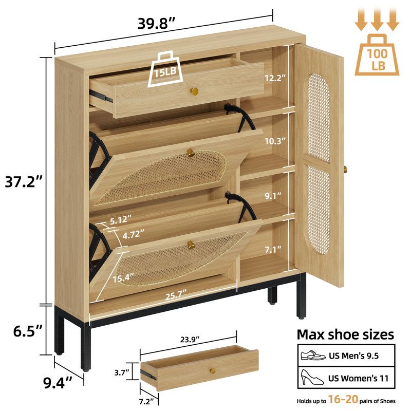 20 Pair Shoe Storage Cabinet with 2 Flip Drawers and Adjustable Shelves, Natural Wood
