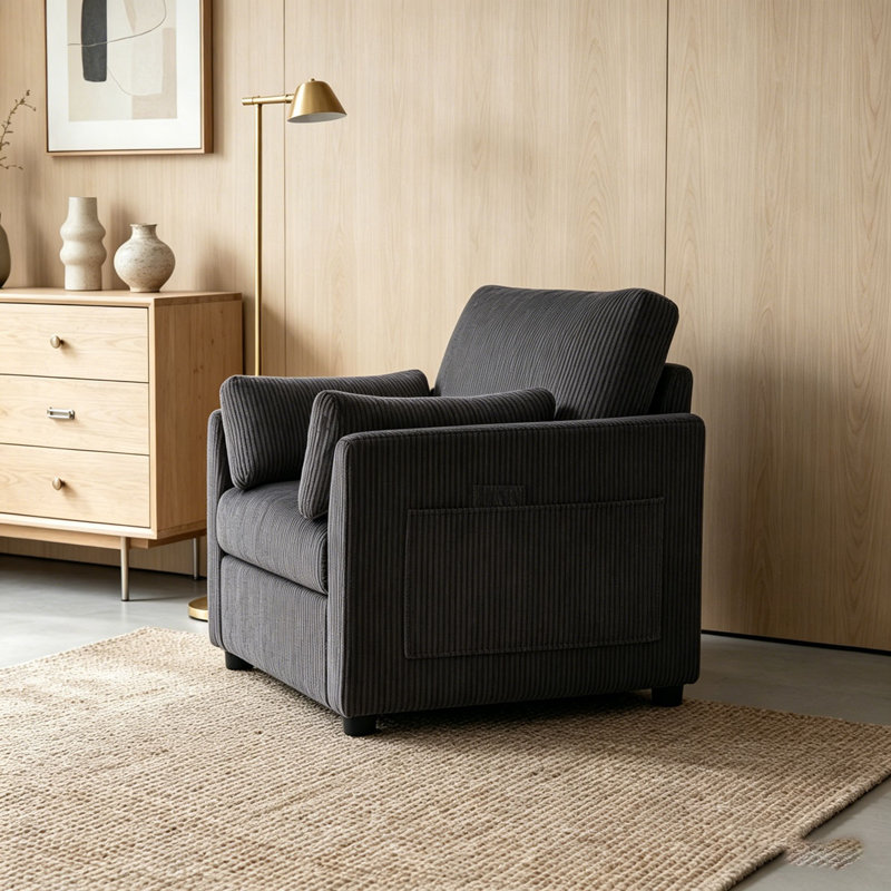 Fauteuil d'appoint en velours côtelé 37,75 po avec poches de rangement latérales, Gris
