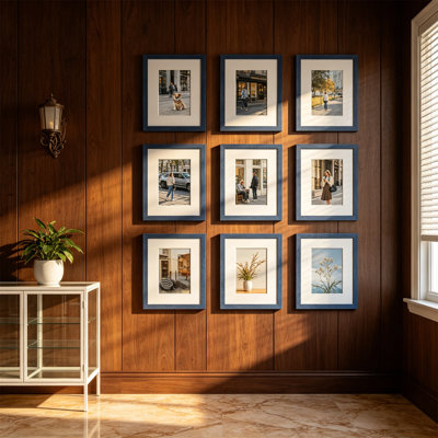 Picture Frame Set of 9, Shatter Resistant Plexiglass, Displays 5x7 with Mat or 8x10 without Mat, Navy