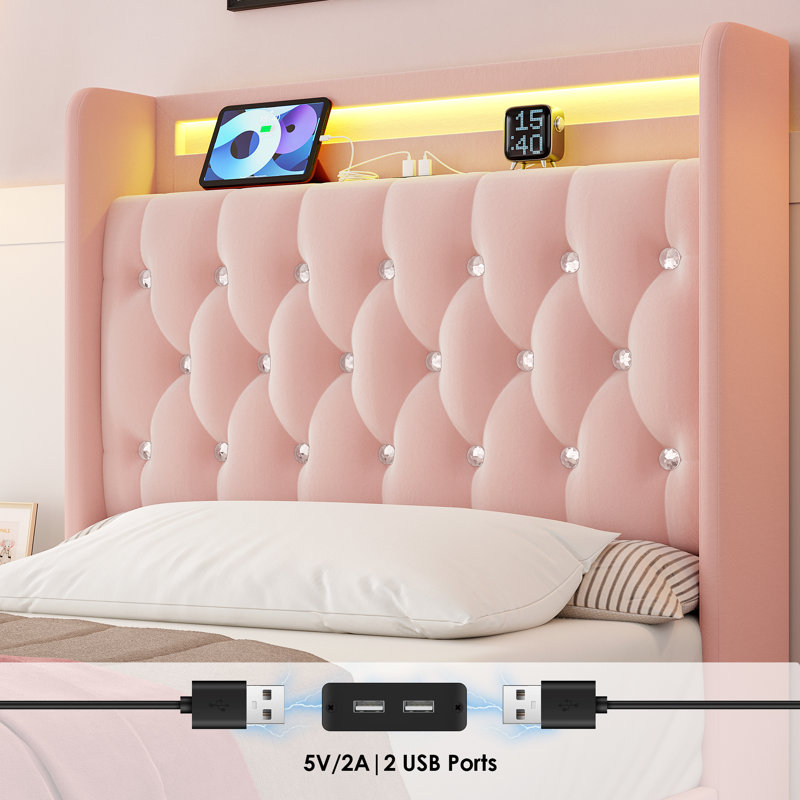 Upholstered Storage Kids Bed With LED Lights And 4 Drawers