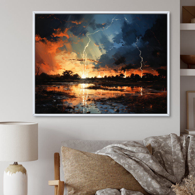 Dramatic Lightning Nights V, reproduction d'art sur toile, Cadre flottant blanc, H 30 po x l 40 po x P 1,5 po