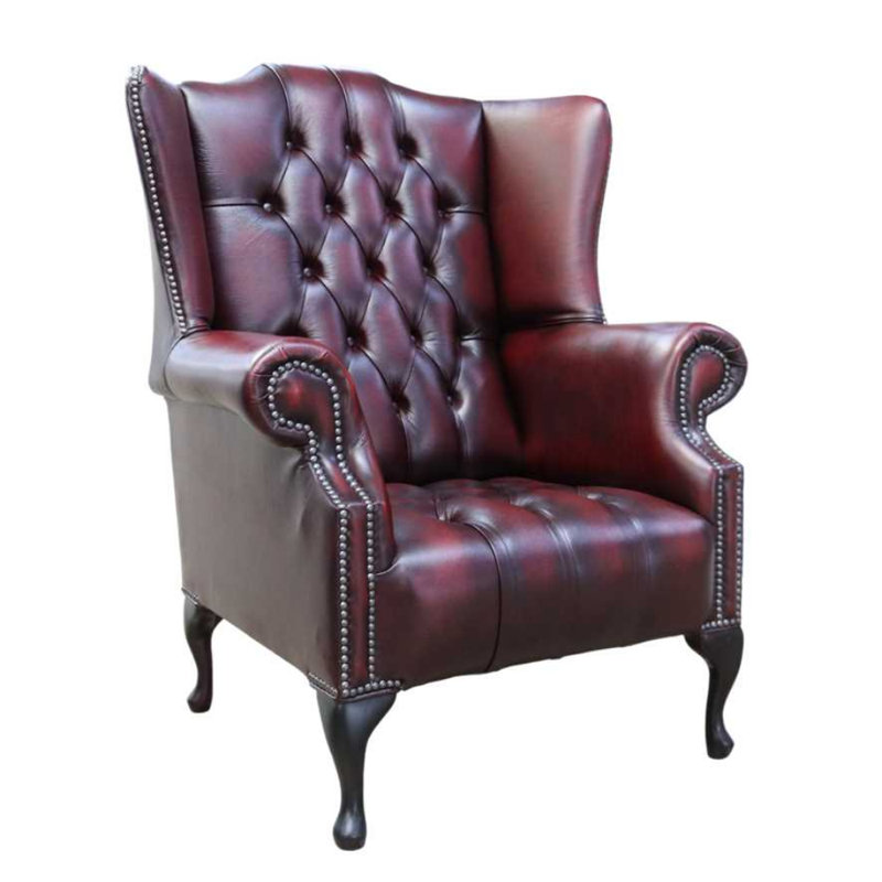 Upholstered Full Grain Leather Wingback Chair, Antique Oxblood