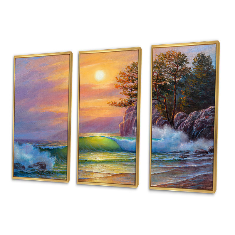 «Morning Sun on Sea Waves» par les pins - ensemble d'art mural encadré nautique et côtier sur 3, H 20 po x l 36 po x P 1 po