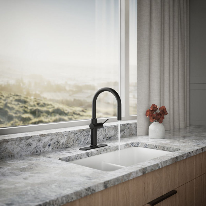 Kohler Crue Single Handle Pull Down Kitchen Faucet with Three-Function Pull Down Sprayer, Matte Black