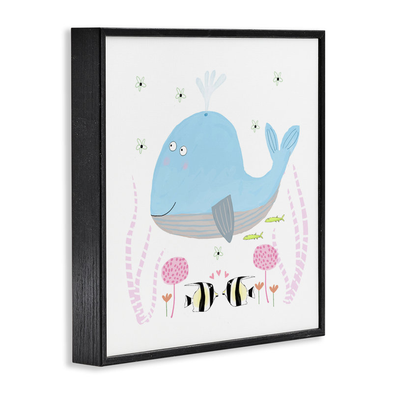 Bébé baleine et fleurs, estampe numérique, design par Carla Daly, H 17 po x l 17 po, Giclée encadrée noir minuit
