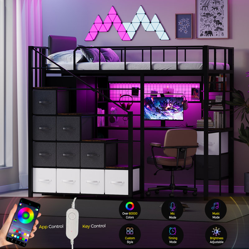 Twin Size Loft Bed with Desk and Stairs, All-in-One Metal Frame with Headboard, LED Lighting, Charging Station, Closet and Storage