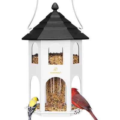 White Metal Bird Feeder For Outdoor Hanging - Wild Bird Feeder With Circular Perch, 4 Lbs Large Seed Capacity, Easy To Clean & Refill