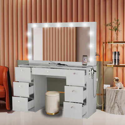 Boahaus Yara Large Lighted Makeup Vanity Set with Stool, Big Mirror and Built-In Lights, 7 Drawers, Glass Top, USB Port Power Outlet -  Boahaus LLC, W.16.32-23-6105-11B-6204-07-1705-23