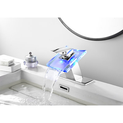 Robinet pour salle de bain à poignée simple en verre à DEL à un trou