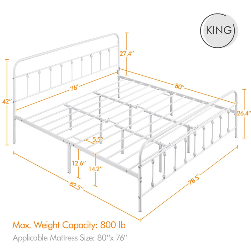 White King Metal Platform Bed with High Headboard and Slats