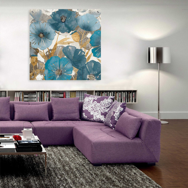 Art mural en verre acrylique «Blue and Gold Poppies I» par Studio W, H 36 po x l 36 po x P 0,2 po