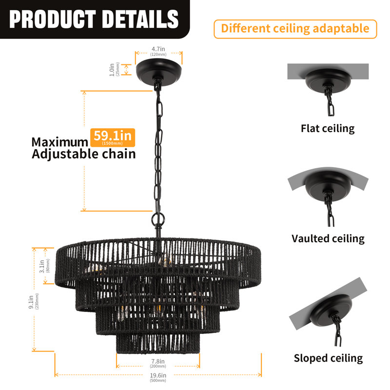 Lustre tambour 6 lumières Kavik, Black, 13.8" H x 19.7" W x 19.7" D