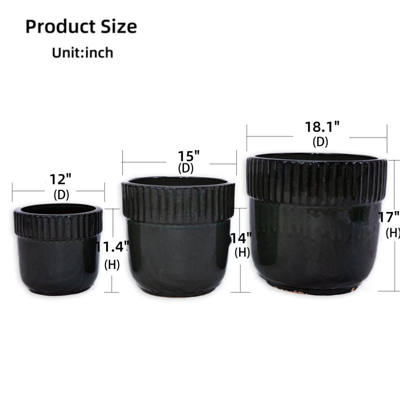 Jardinière en céramique noire antique pour terrasse, jardin, rebord de fenêtre, etc. (3 pièces)