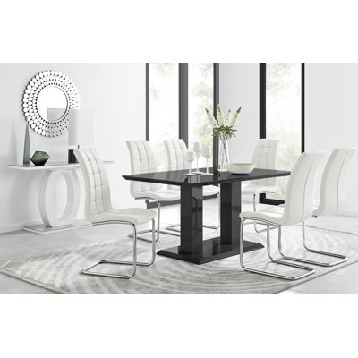 Edzard Double Pedestal High Gloss Dining Table Set with 6 Modern Faux Leather Dining Chairs