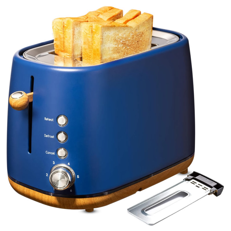 Grille-pain 2 tranches avec fentes extra-larges, 6 réglages de brunissement, annulation et dégivrage, four grille-pain compact en acier inoxydable avec plateau à miettes - bleu