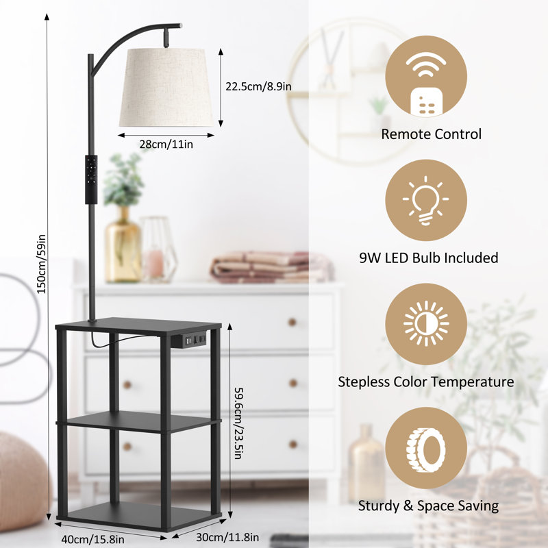 Lampe sur pied 59 po avec table Knowell, table de bout avec station de charge (port USB, type C et AC) avec télécommande et ampoule incluse Knowell