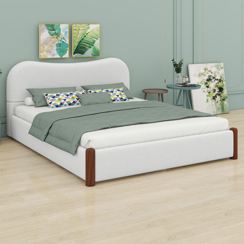 Lit plateforme tapissier à profil bas avec pieds en bois, Blanc, Grand lit