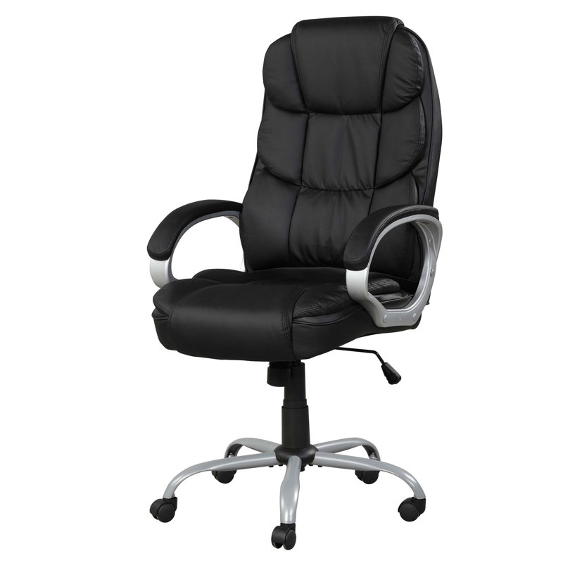 PU Leather Upholstered Office Task Chair, Modern Adjustable 360 Degree Swivel Chair, High Back, Black/Silver