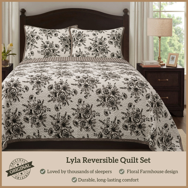 Lyla Black/White Floral Stripe Romantic Farmhouse 3 Piece Reversible Quilt Set, Queen Quilt + 2 Shams
