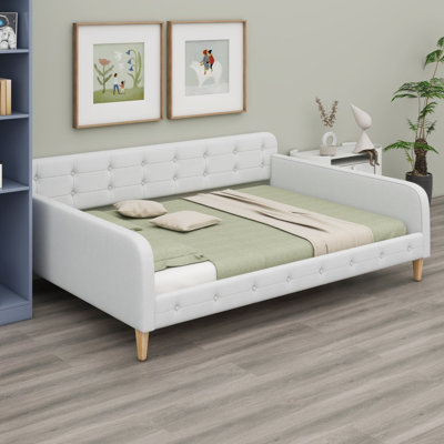Lit de jour double rembourré pleine grandeur avec 4 pieds de soutien, beige