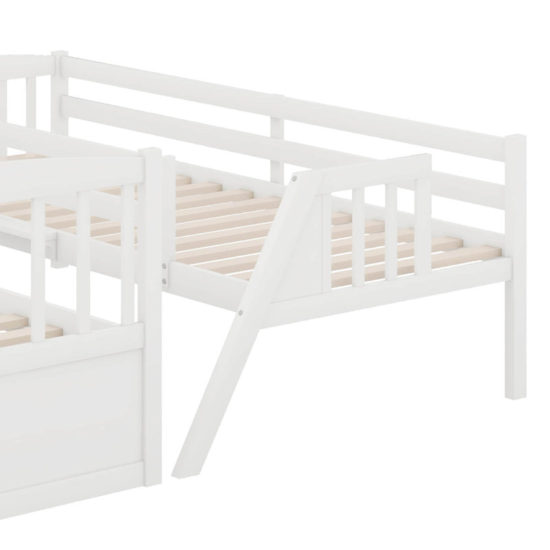 Lit simple superposé au dessus d'un lit double avec tiroirs et escalier de rangement, Blanc