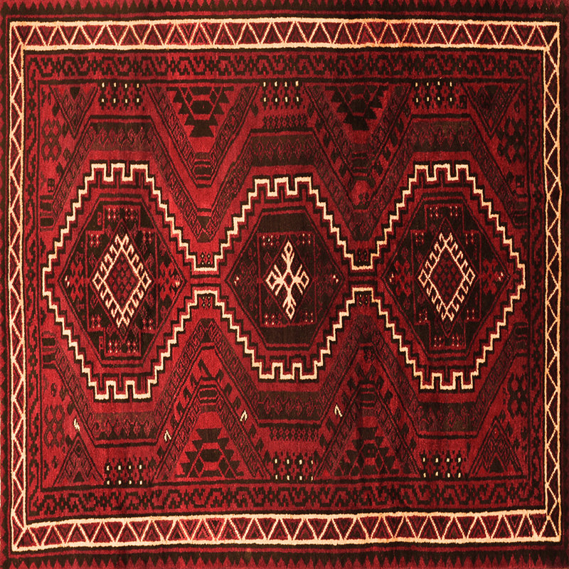 Tapis carré rouge / noir en laine et polyester tissé à la machine 6 pi x 6 pi Foua