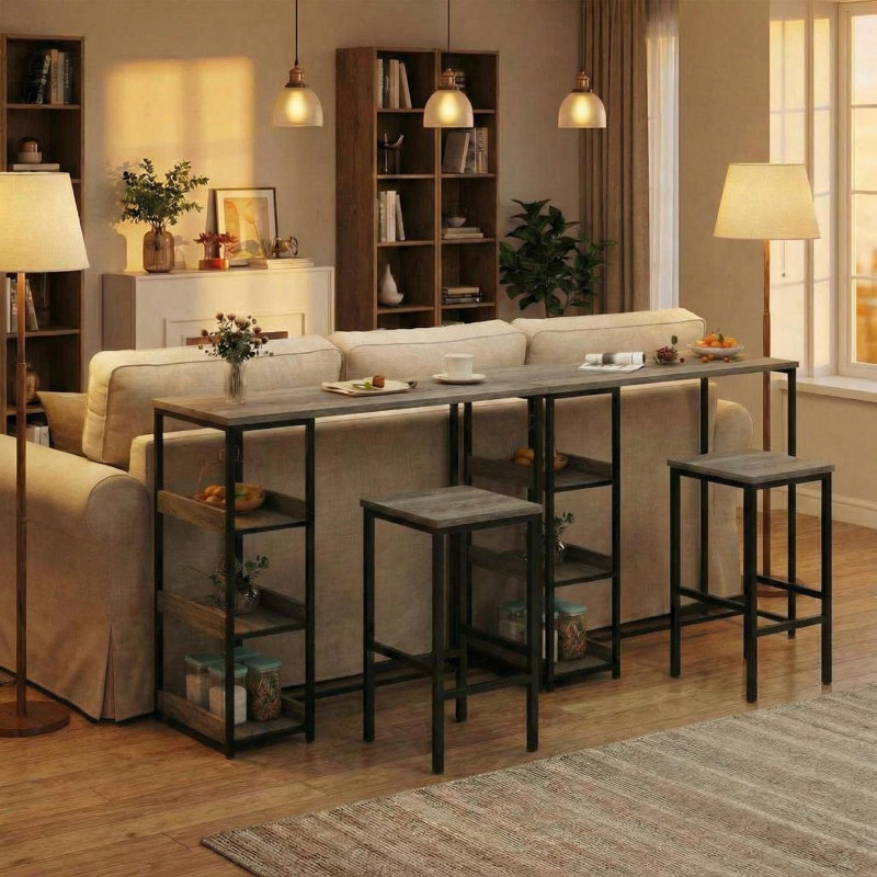 Bar Table and Chairs Set, Rectangular Pub Table with 2 Stools for Small Spaces, High-Top Table, 3-Piece Breakfast Stool Set, Sturdy Metal Frame, Easy to Assemble