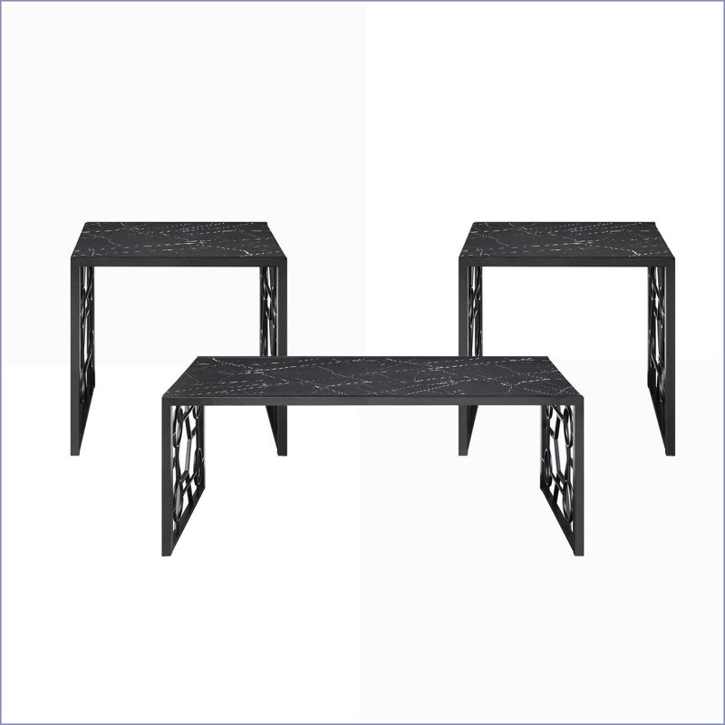 Ensemble de 3 tables basses de salon: plateau en verre trempé à imprimé marbre avec base en métal noir, facile à nettoyer