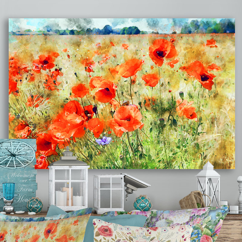 «Grunge Summer Red Poppy Field», reproduction sur toile flottante, H 24 po x l 36 po x P 1 po, Toile tendue