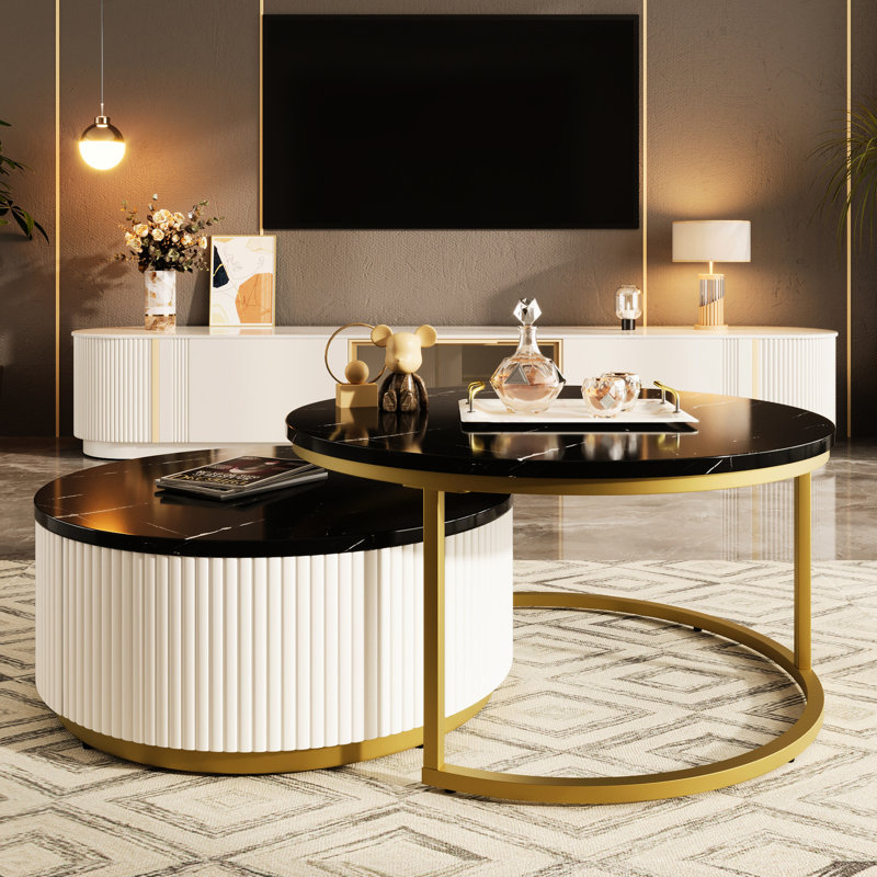 Table basse gigogne moderne moderne cannelée avec tiroir de 31,5 po, Noir, H 15,7 po x L 31,5 po x l 31,5 po