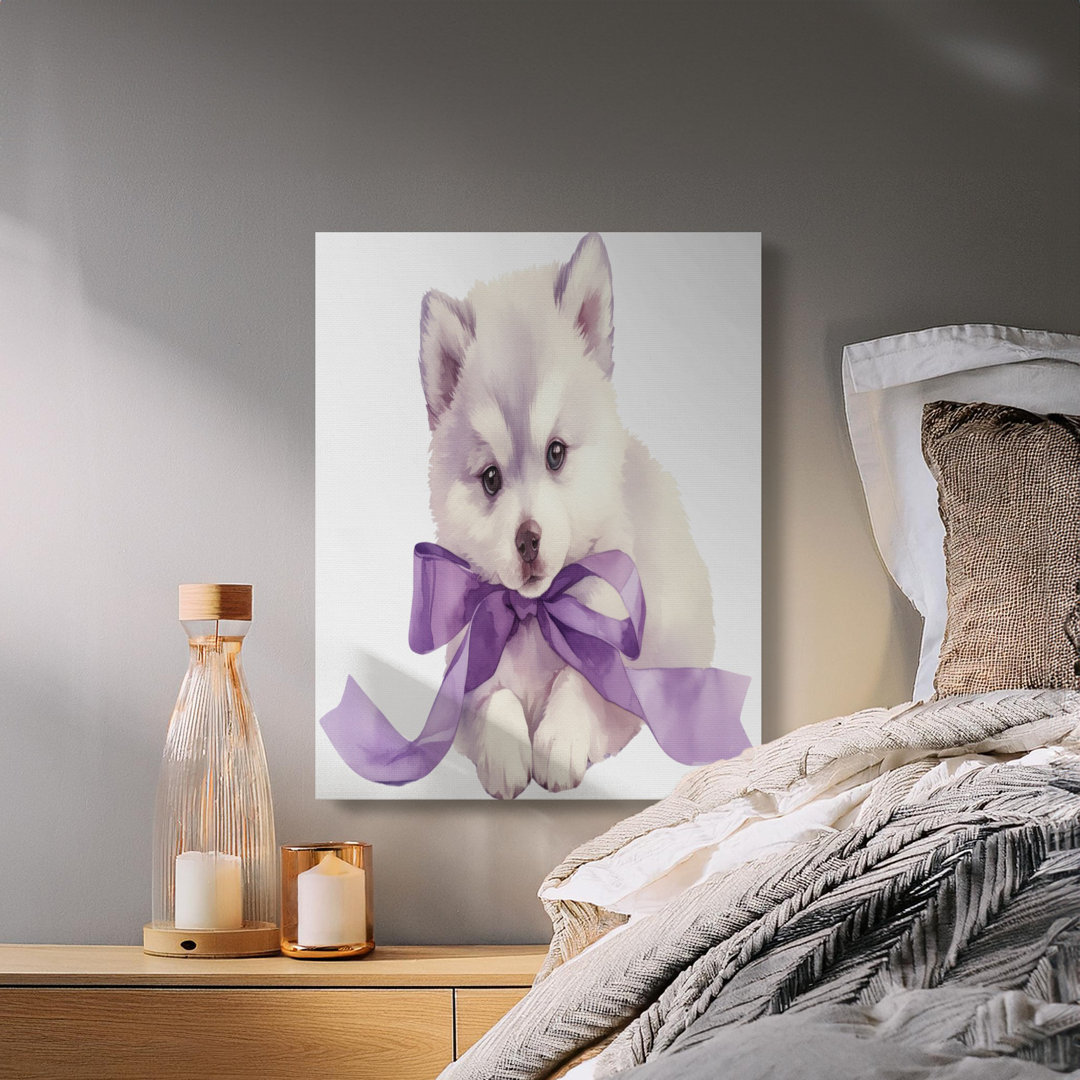 Cute Puppy Purple Bow Canvas Print