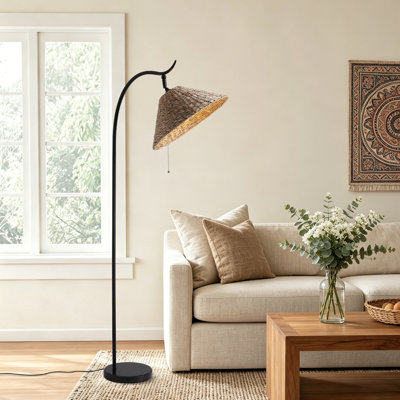 Cerelia 63.8" Arched Rattan Floor Lamp With Pull Chain, Handwoven Standing Light For Living Room Bedroom