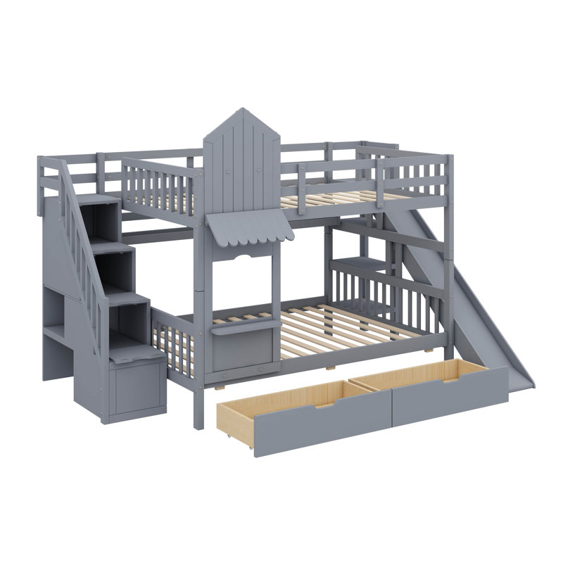 Castle-Inspired Bunk Bed, Wooden Bunk Bed With 2 Drawers & 3 Shelves, Comes With Slide And Storage Steps, Gray