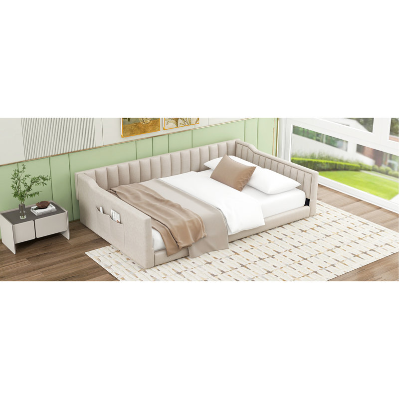 Lit de jour en velours beige avec rangement latéral - Lit élégant et fonctionnel pour toutes les pièces. Aucun sommier n'est requis, installation simple recouverte de ressorts modernes et pratiques, facile à installer