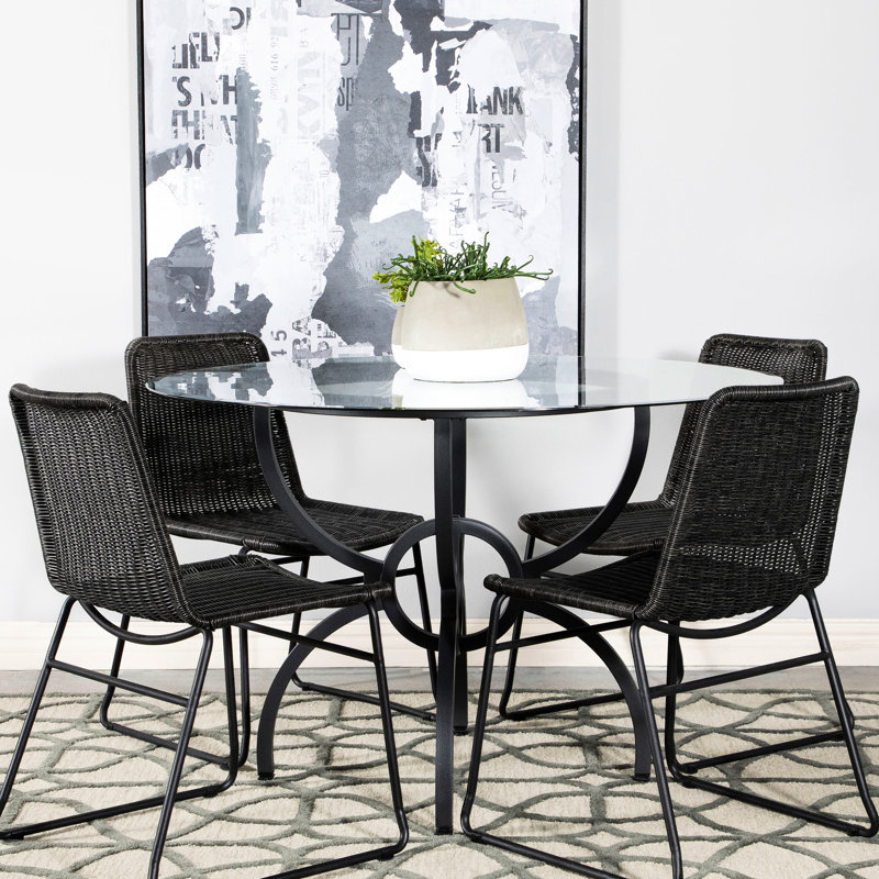 Table de salle à manger ronde de 122 cm (48 po) avec plateau en verre trempé transparent de 6 mm et pied central en métal gris anthracite, idéale pour les petits espaces modernes avec des éléments métalliques.