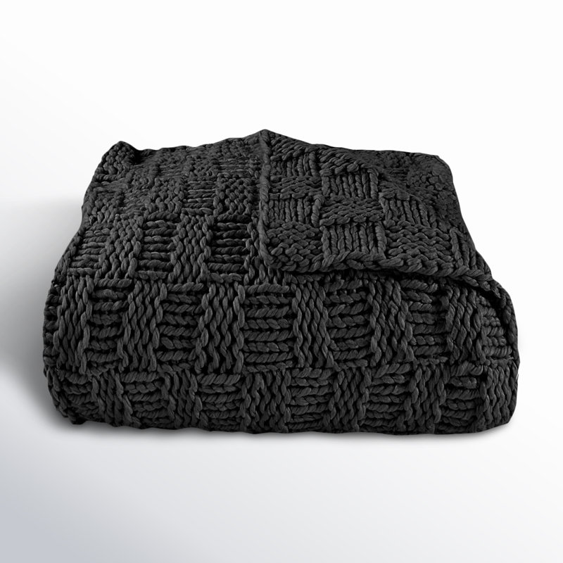 Chess Hand Knitted Solid Textured Chess Pattern 50x60 inch Soft Throw Blanket, Black