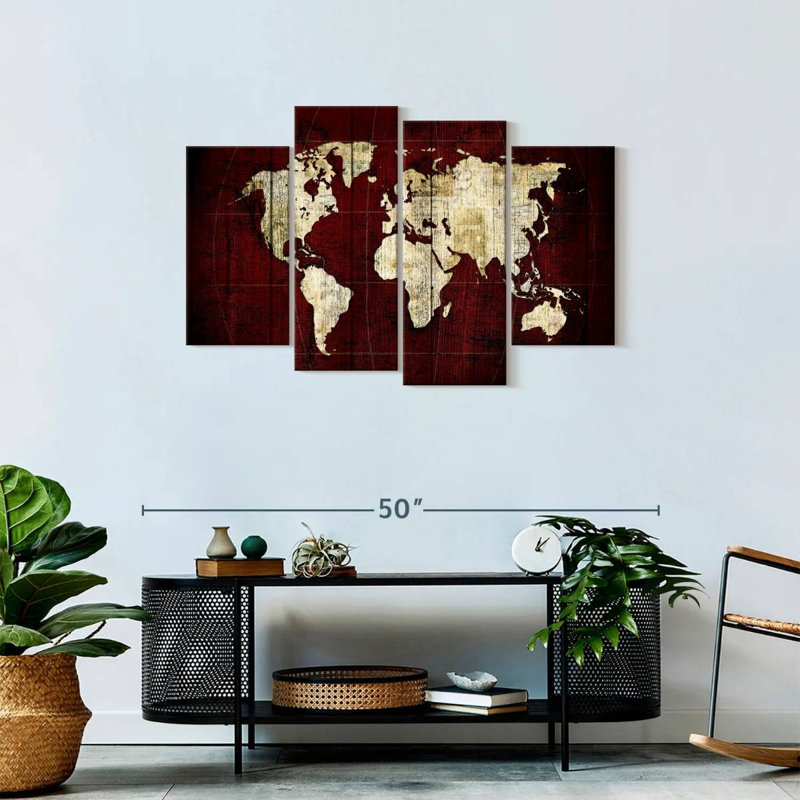 Carte du monde en blanc sur une carte du monde en rouge 4 pièces, H 27 po x l 43 po