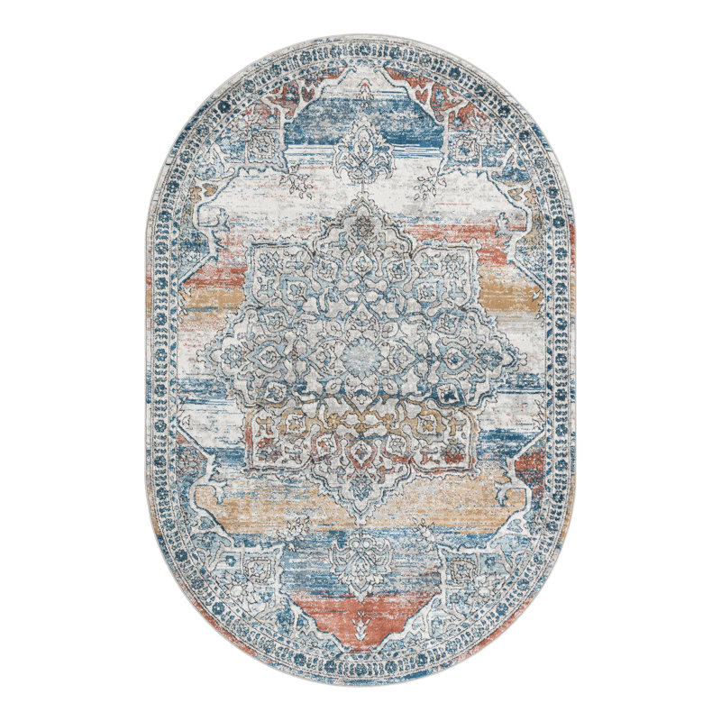 Weingartner Abstract Blue/White/Orange Area Rug, Oval 6'1" x 9'