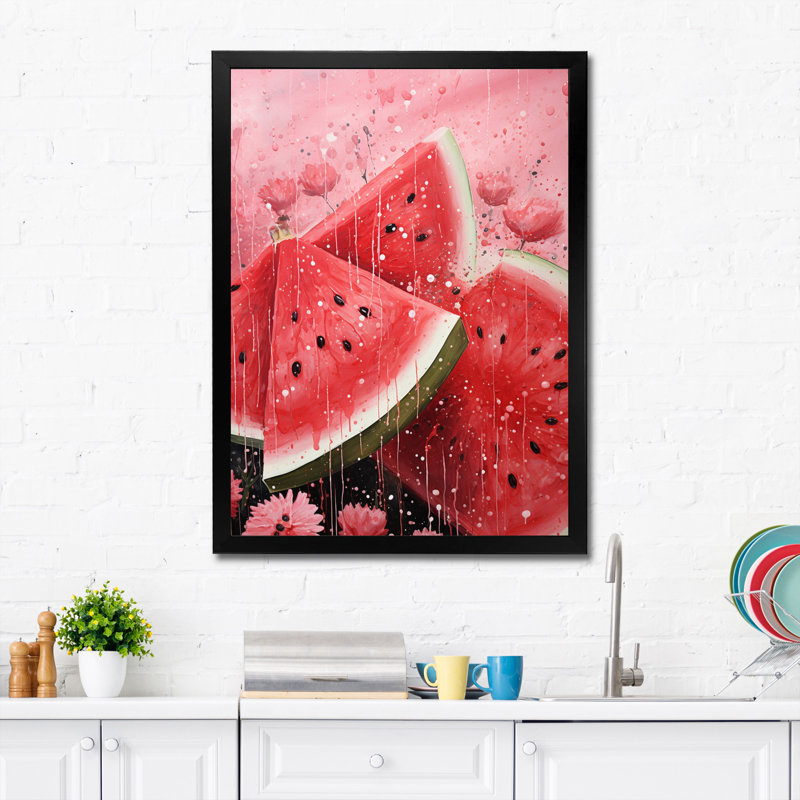Fruit pastèque rose pointillisme encadré sur toile, Cadre noir, H 20 po x l 12 po x P 1 po