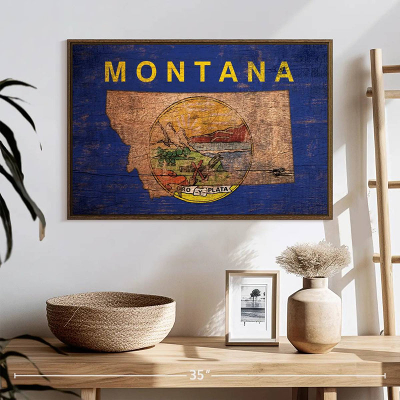 State Map Over Montana Flag, 25" X 17", Floating Frame Walnut