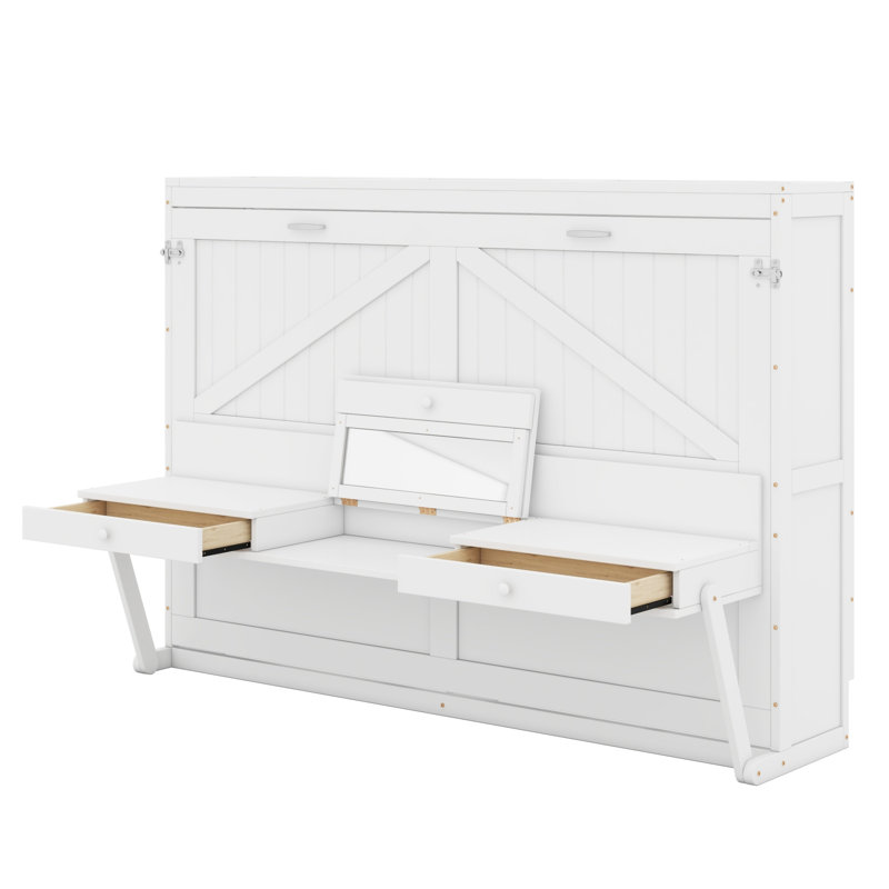 Queen Size Murphy Bed With Desk & Charging Station,Wall Bed Frame Folding Into Cabinet Design Withled & Storage Shelf, White