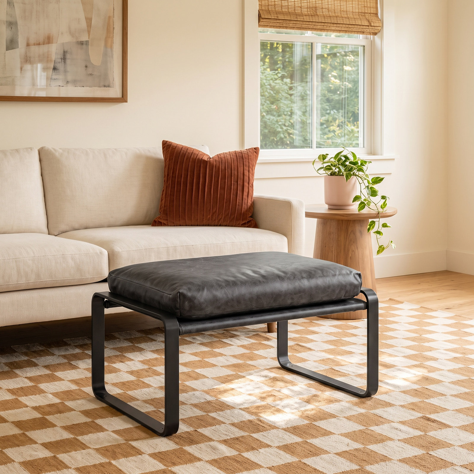 Greenlee Upholstered Ottoman, Black Genuine Leather