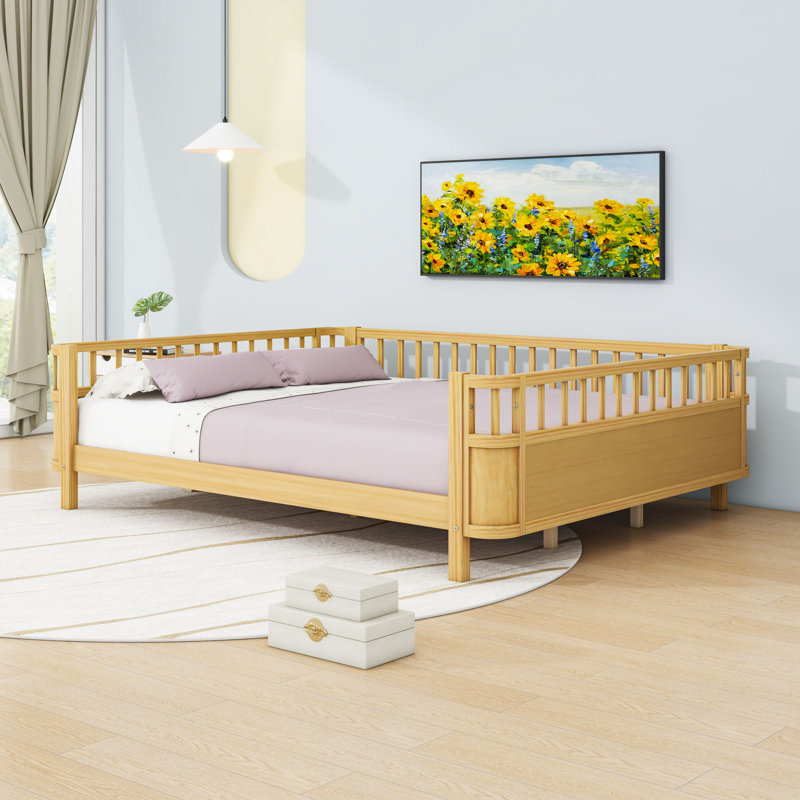 Queen Size Wood Platform Bed with Removable Side Rail and Rounded Corners, Natural