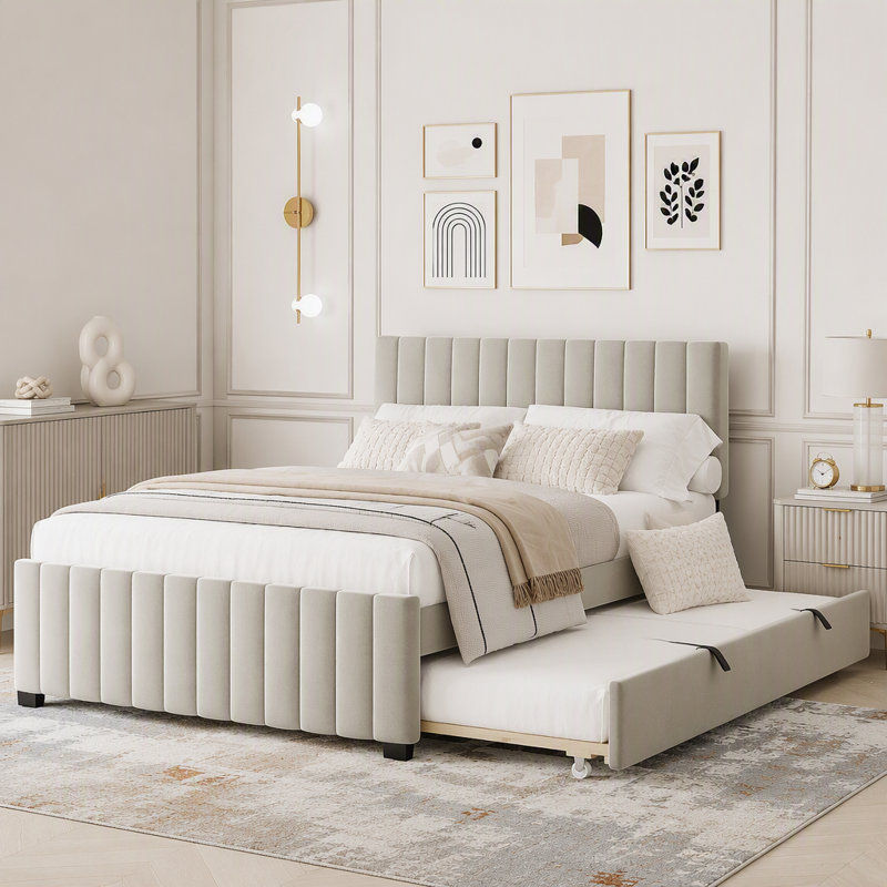 Lit plateforme tapissier en velours avec lit gigogne simple, Beige, Complète