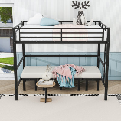 Metal Bunk Bed with Triple Pull-Out Lower Sections, High Guardrail Top Bunk, Convertible U-Shaped Sofa Design