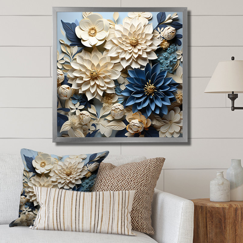 Zinnias III blanc et bleu minimalisme sur toile, Cadre simple argenté, H 24 po x l 24 po x P 1 po