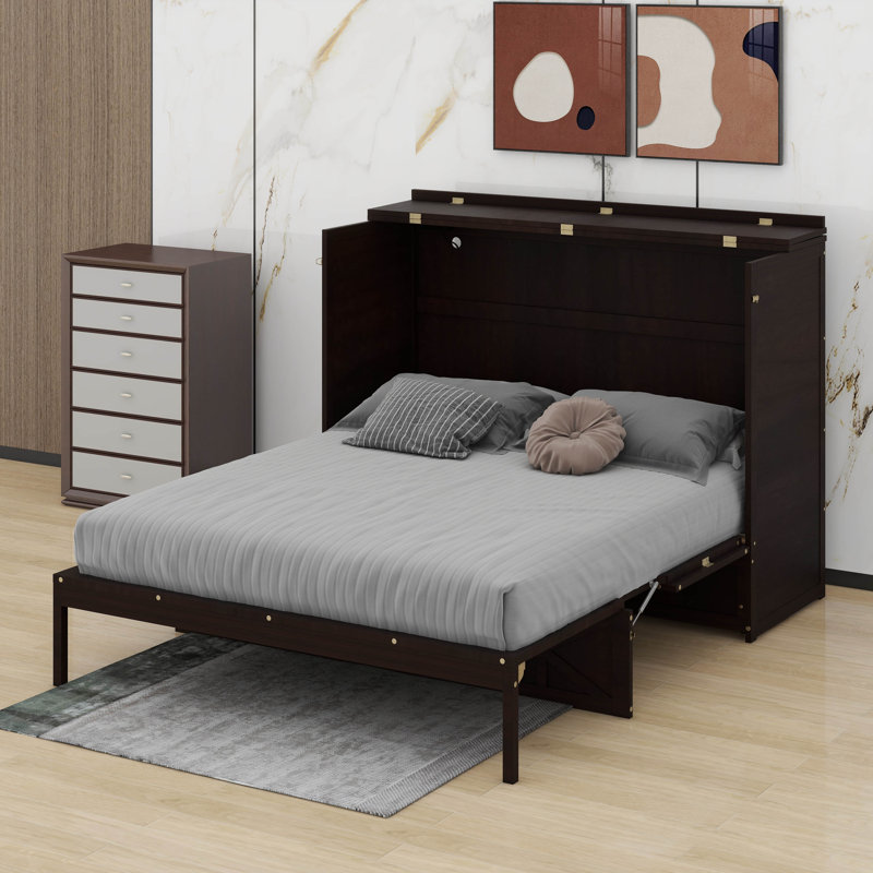 Grand lit escamotable avec tiroirs de rangement et station de charge USB, armoire murale avec prises, Espresso brossé